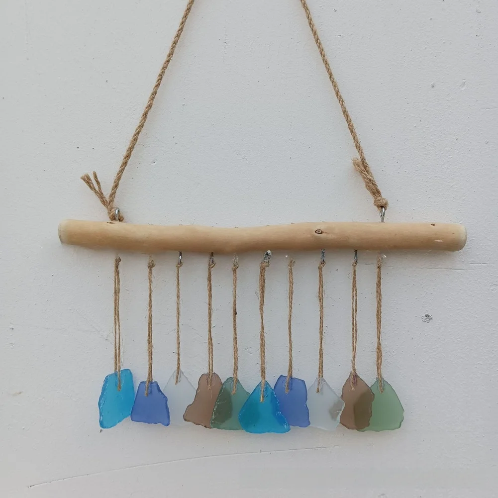 Handmade Blue Sea Glass Wind Chime With Driftwood Beach Style Wall Hanging Art Decor For Indoor And Outdoor Use view 6