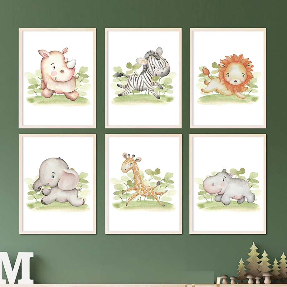 

Woodland Running Animals Giraffe Elephant Lion Zebra Rhinoceros Hippo Nursery Art Wall Pictures Canvas Painting Kids Room Decor