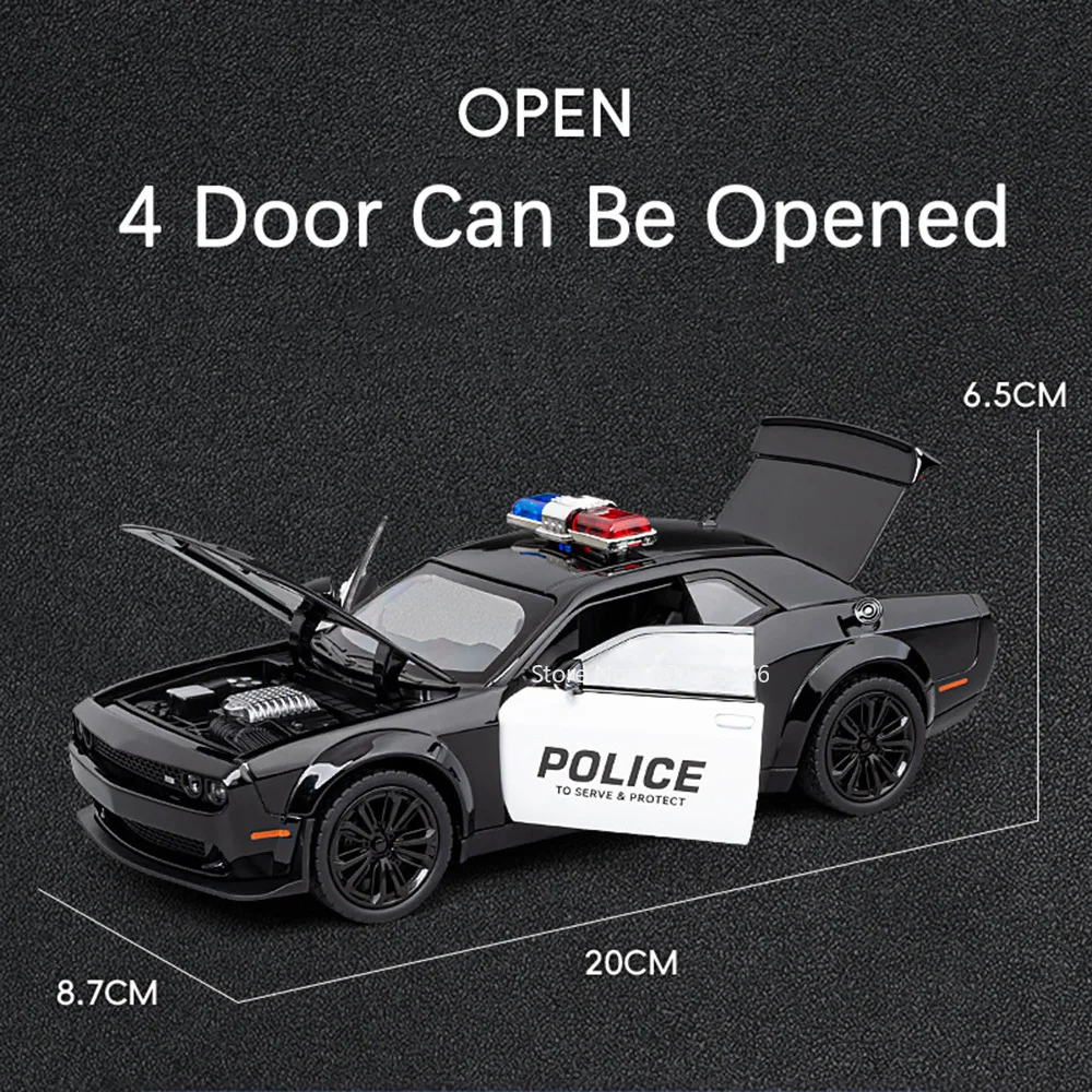 1:22 Alloy Diecast Challenger SRT Hellcat Police Cars Model Toys Demon Eyes 4 Doors Opened with Sound Light Toy Vehicle for Boys