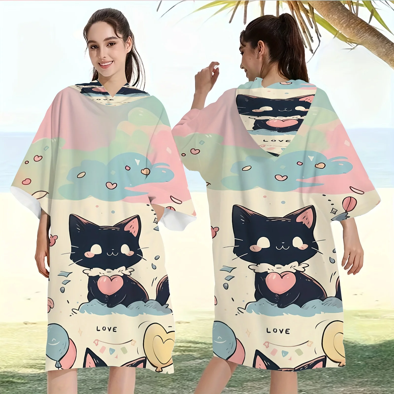 

1pc Love Cat Print Hooded Towel Poncho, Quick Dry Polyester Beach Changing Robe, Matching Family/Couple Swim Poncho for Summer V