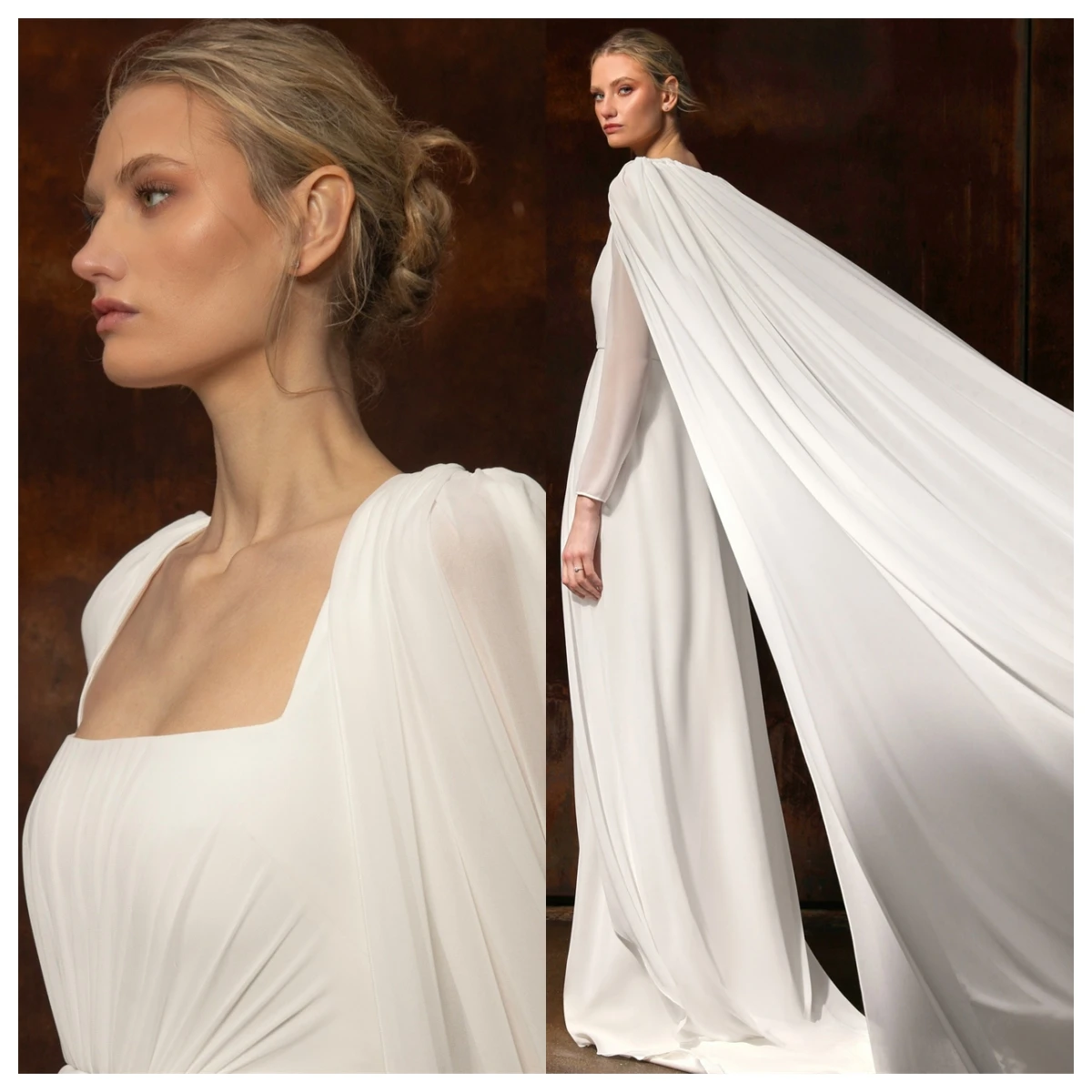 ที่กําหนดเองอย่างเป็นทางการสีขาวชีฟองชุดราตรีสแควร์คอยาวแขนยาวคนดังชุดคุณภาพสูง Bespoke โอกาส Gowns