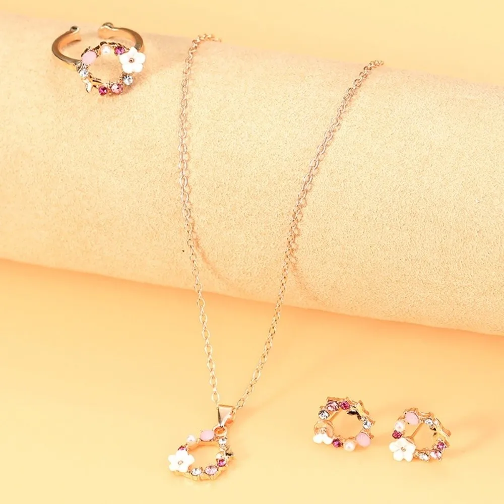 4 Pcs/Set Elegant Rose Gold Jewelry Set Exquisite Design Petal-Inspired Zircon Necklace Ring Earrings Set Dainty Simple Ornate