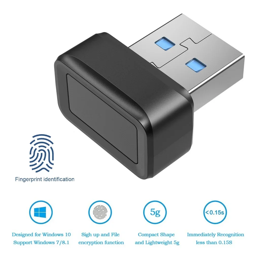 USB Fingerprint Key Reader FIDO U2F Biometric Mini Security Key Dongle Windows Hello Anti-Spoofing 360° Touch for PC Or Laptop