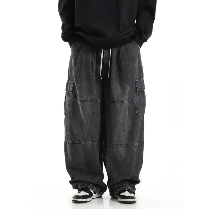 Y2k Black Baggy Cargo Jeans Trousers Men Streetwear Casual Hippie Jogging Wide Leg Oversize Long Male Denim Pants