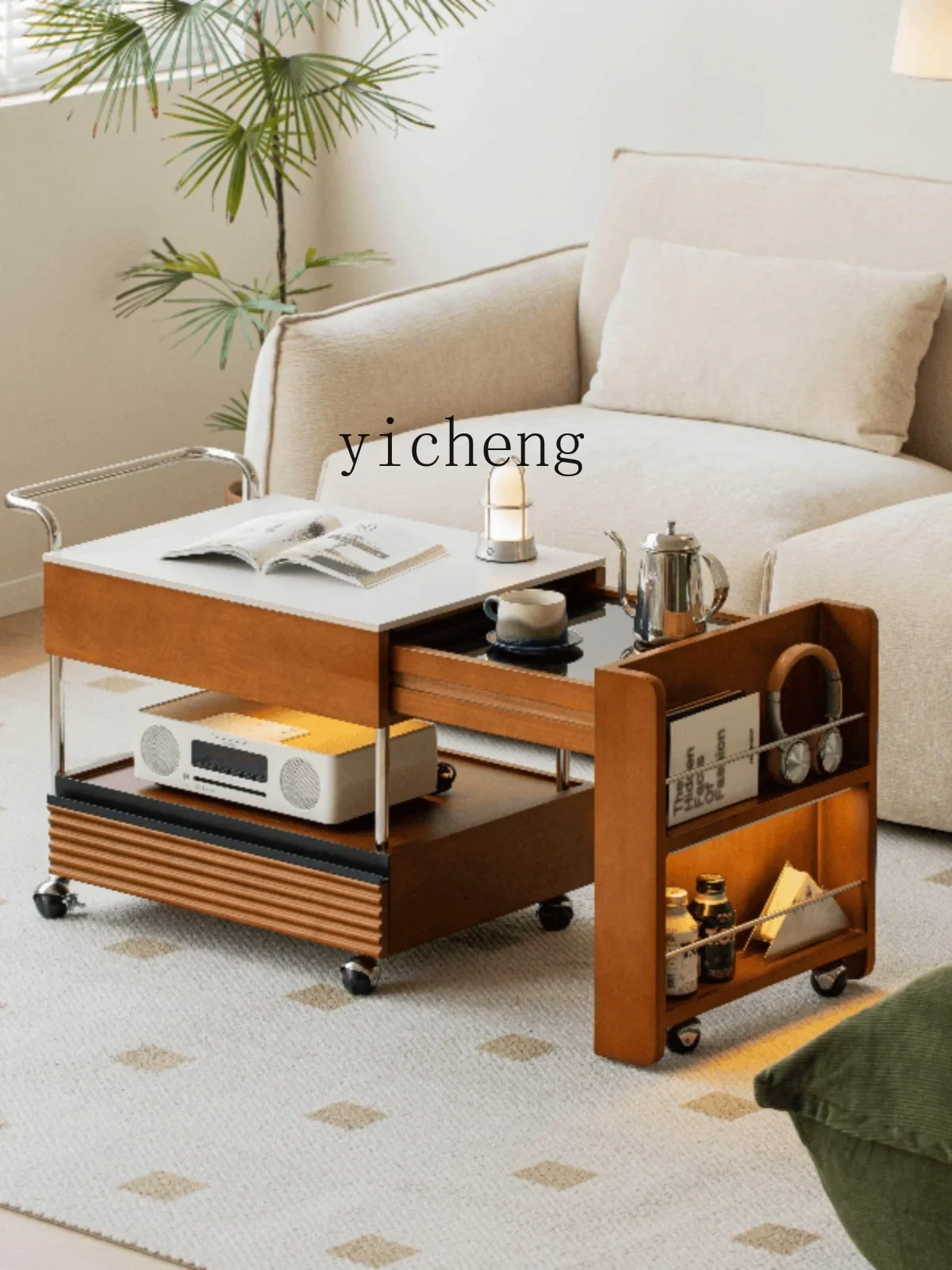 ZK retro coffee table solid wood small table tea cabinet antique rock slab edge table can be moved and retractable