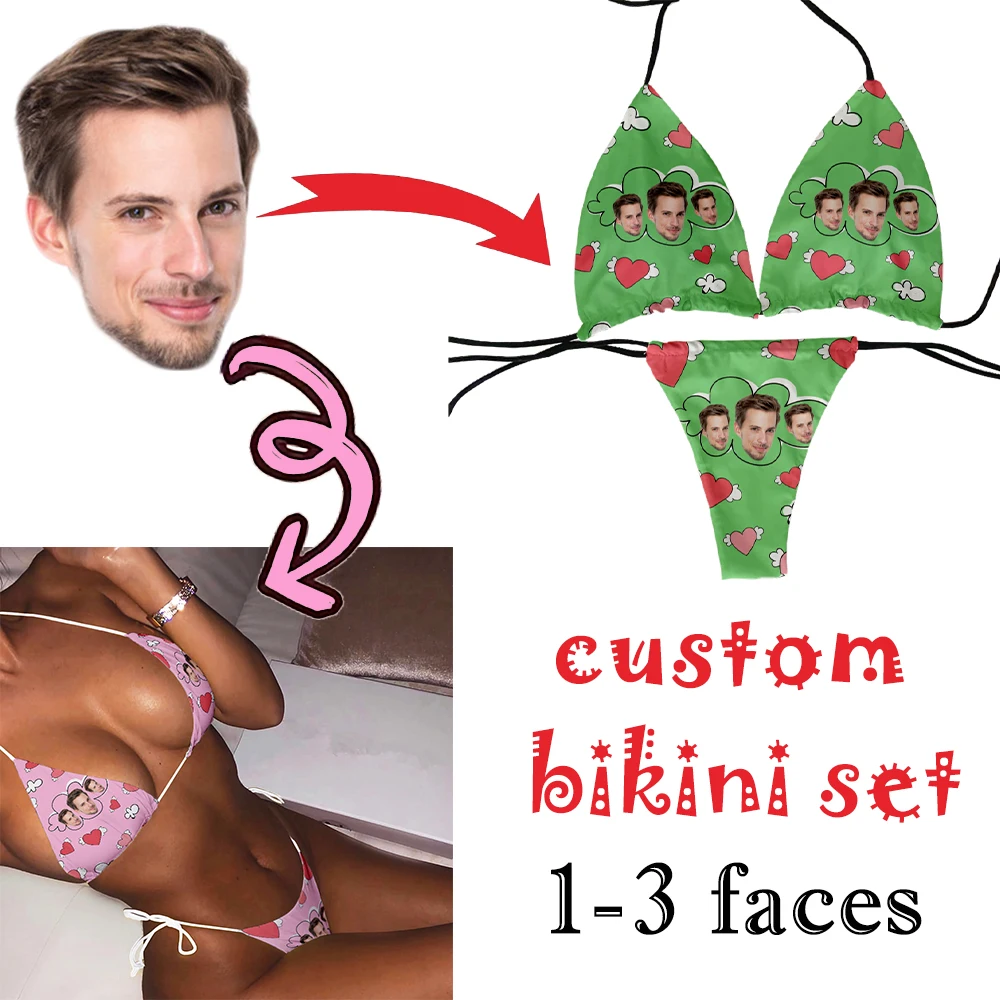 

Fun custom face bikini set female sexy Brazilian bikini set push-up padded bra thong two-piece swimsuit beachwear