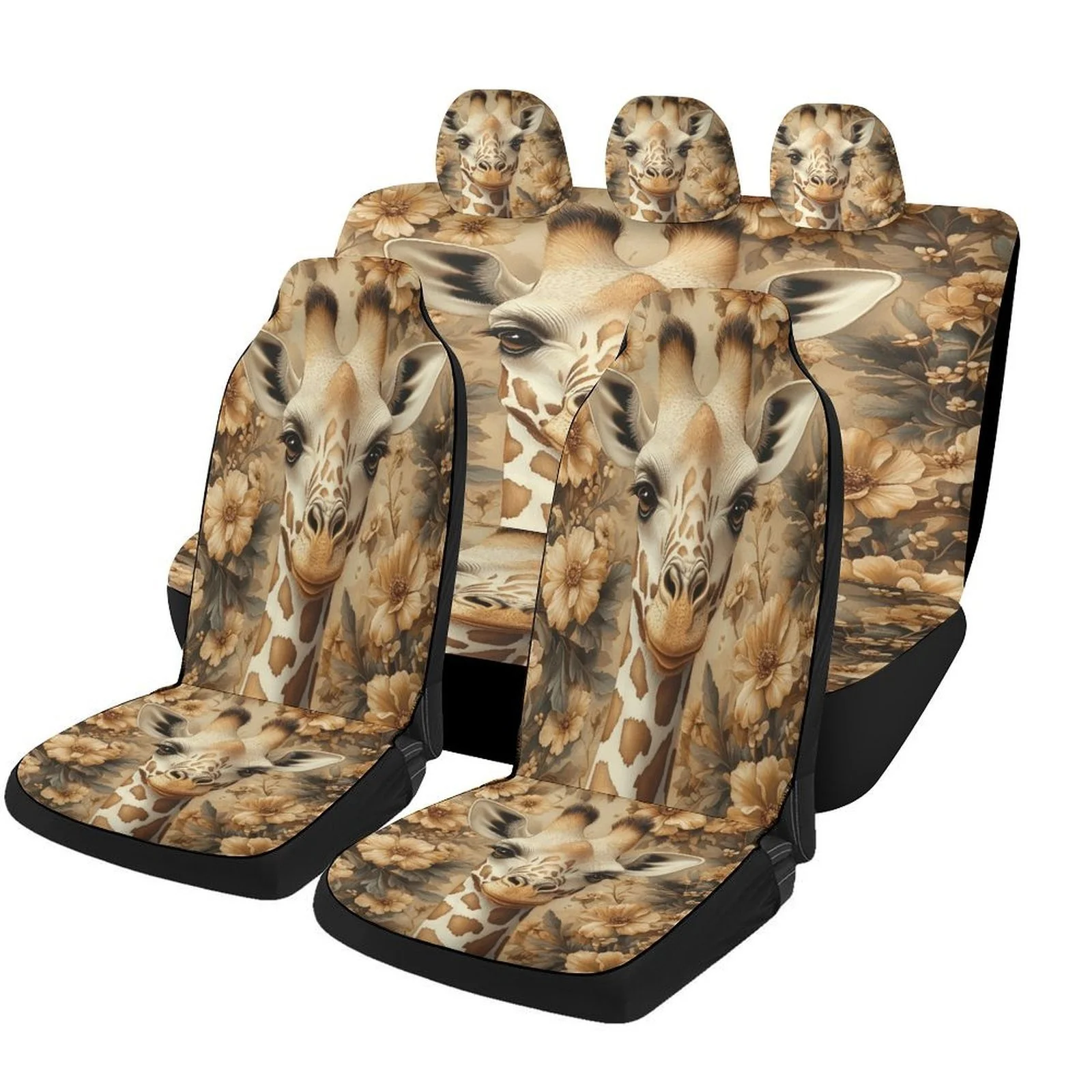 Giraffe Floral Portrait Car Seat Cover Set - Trendy High-Quality Polyester, Universal Fit For 2 Front & Rear Seats, All-Season U