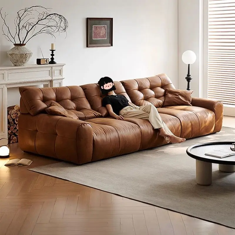 Italian minimalist big black bear sofa straight row oil wax leather caramel color cloud removable backrest big brown bear sofa