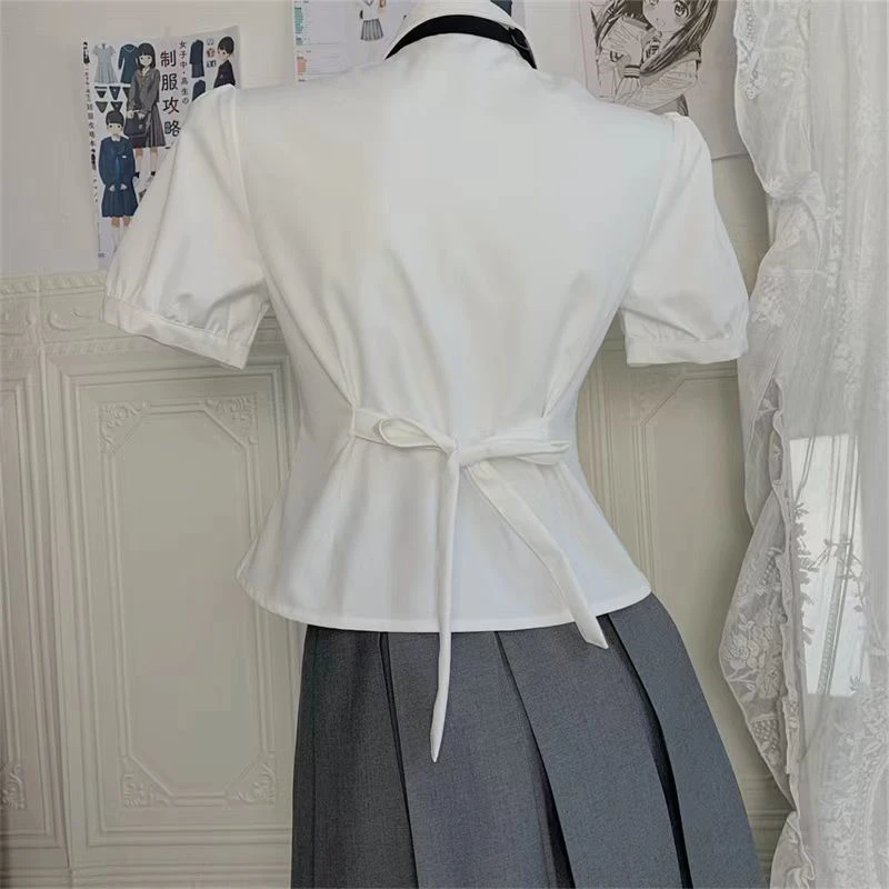 2024 Summer Women\'s Fashion Lace Up Ruched Slim Shirt Preppy Style Harajuku Kawaii Bow Sweet Blouse Y2K White Short Sleeve Tops