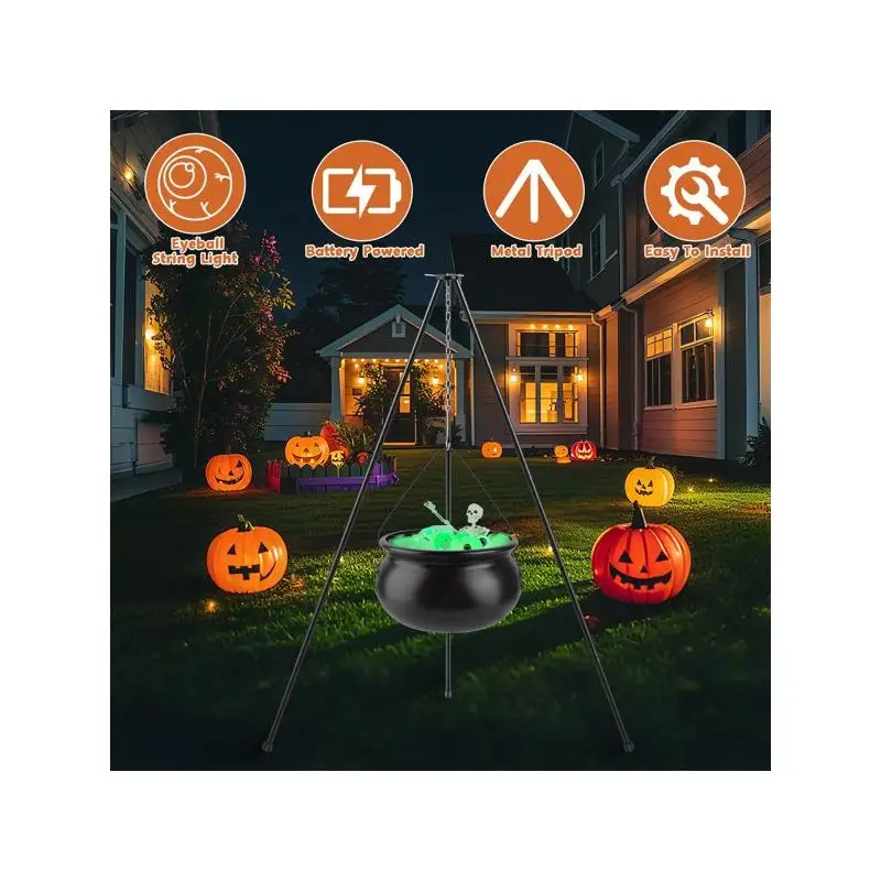 

Halloween Cauldron Decoration Set, Metal Tripod with Skeleton & 2 String Lights, Easy Install for Indoor Outdoor Porch Yard