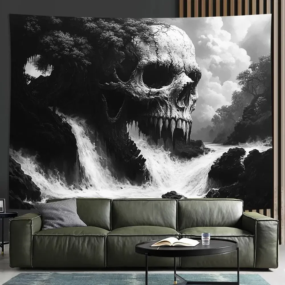 Tapestry Wall Wall Tapestry for Bedroom Horror Gothic Skull Tapestry - Black and White Waterfall and Tree Pattern - Big Eye