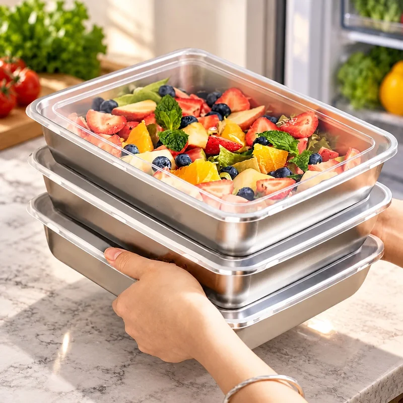 Three-Piece Stainless Steel Food Storage Set with Clear Lids, Leakproof Design for Kitchen and Outdoor Meals