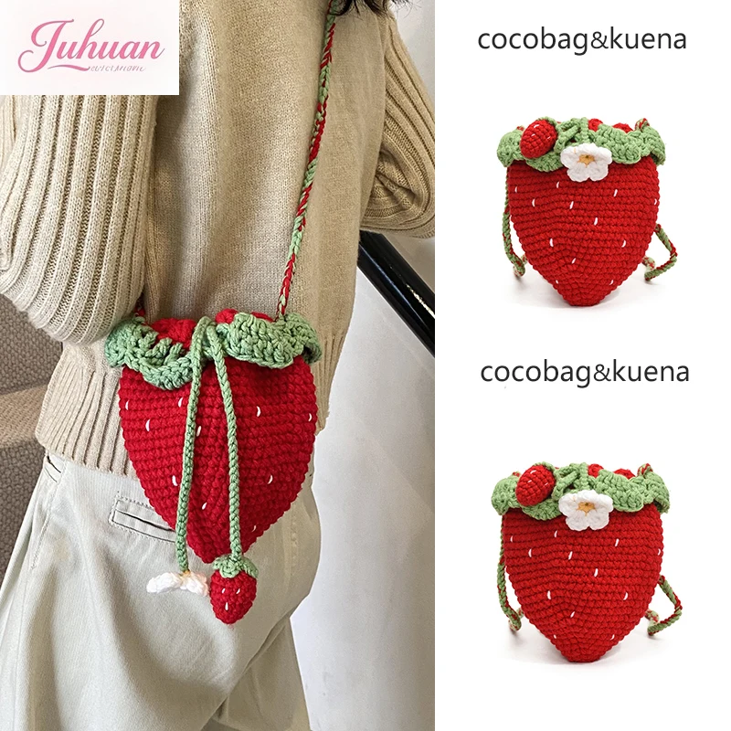 

2025 Summer Strawberry Woven Crossbody Bag RedGreen Leaf Flower Accents Knitted Cute Fashion Mini Handbag Daily Dating Women
