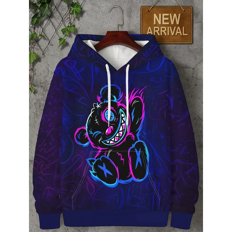 New Men's Teddy Bear Neon Hoodie Pullover Pocket Drawstring Spring Autumn Urban Hip Hop Street Style Top