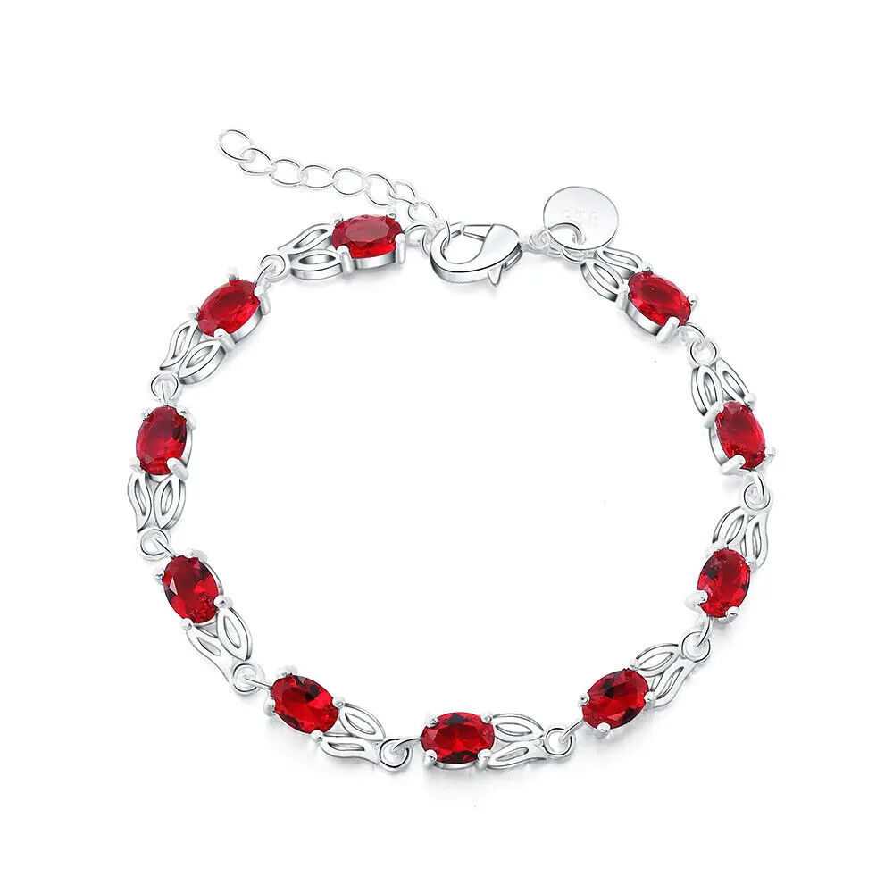 

5MM 20cm Hot European and American 925 Sterling Silver Fashion Red Zircon Ruby Bracelet