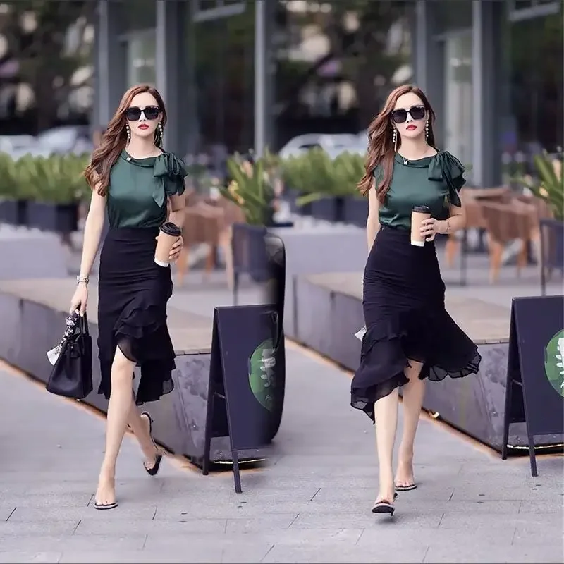 Office Short Sleeve Female Outfits Ruffles Women\'s Two Piece Set Sexy Skirt Vacation 2024 Clothing New Arrivals Jacket Stylish