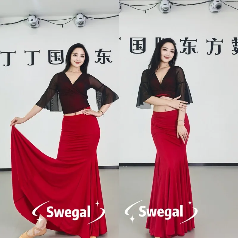 customized Swegal belly dance set with mesh trumpet sleeves and inserts non split large swing skirt Spanish large swing skirt