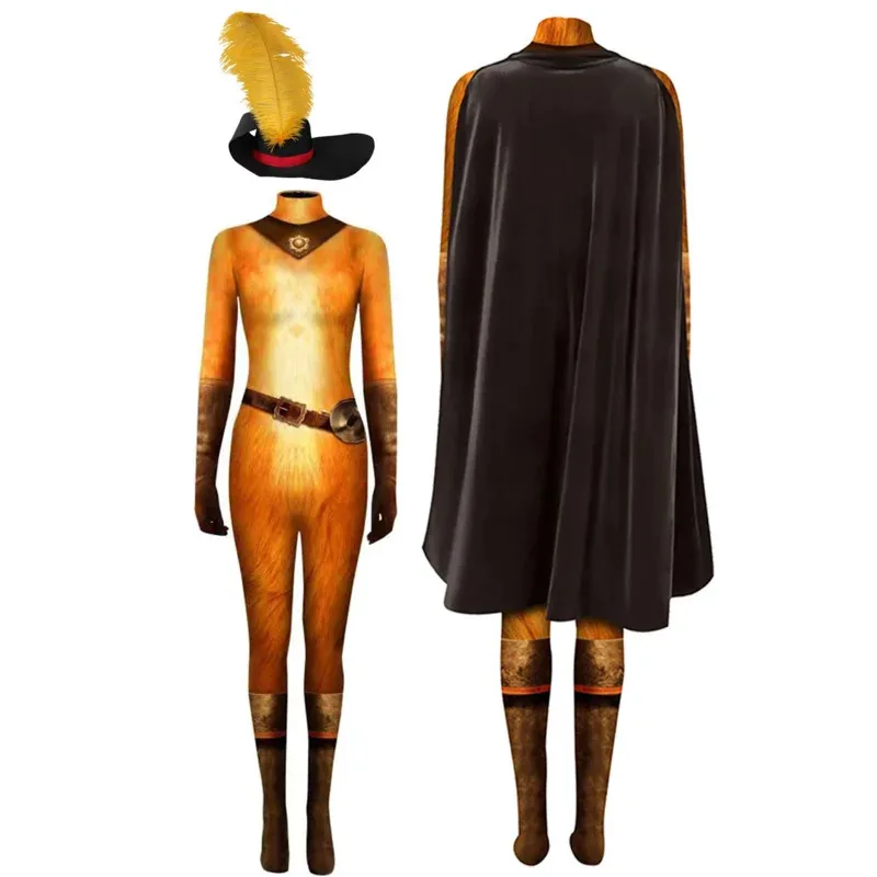 

Puss Cosplay In Boots Costume Kids Adult Jumpsuit Cloak Hat Cartoon Cat Swordsman Roleplay Fantasia Outfit Child Halloween Cloth