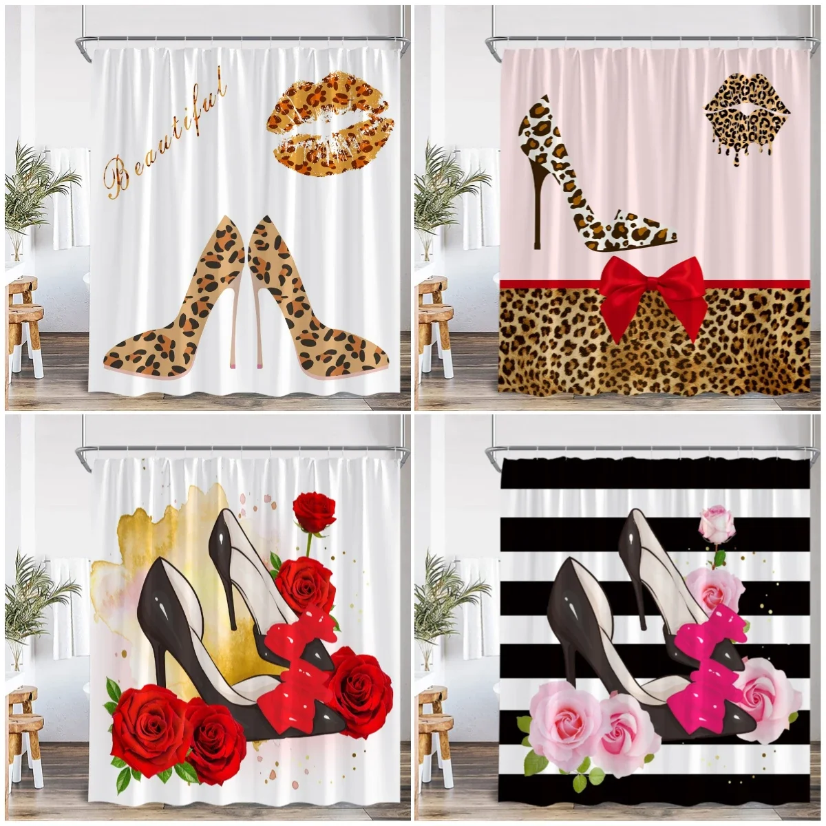 High Heel Black White Stripe Shower Curtain Panther Leopard Pattern Highheel Rose Bow Tie Floral Modern Bath Curtain with Hook