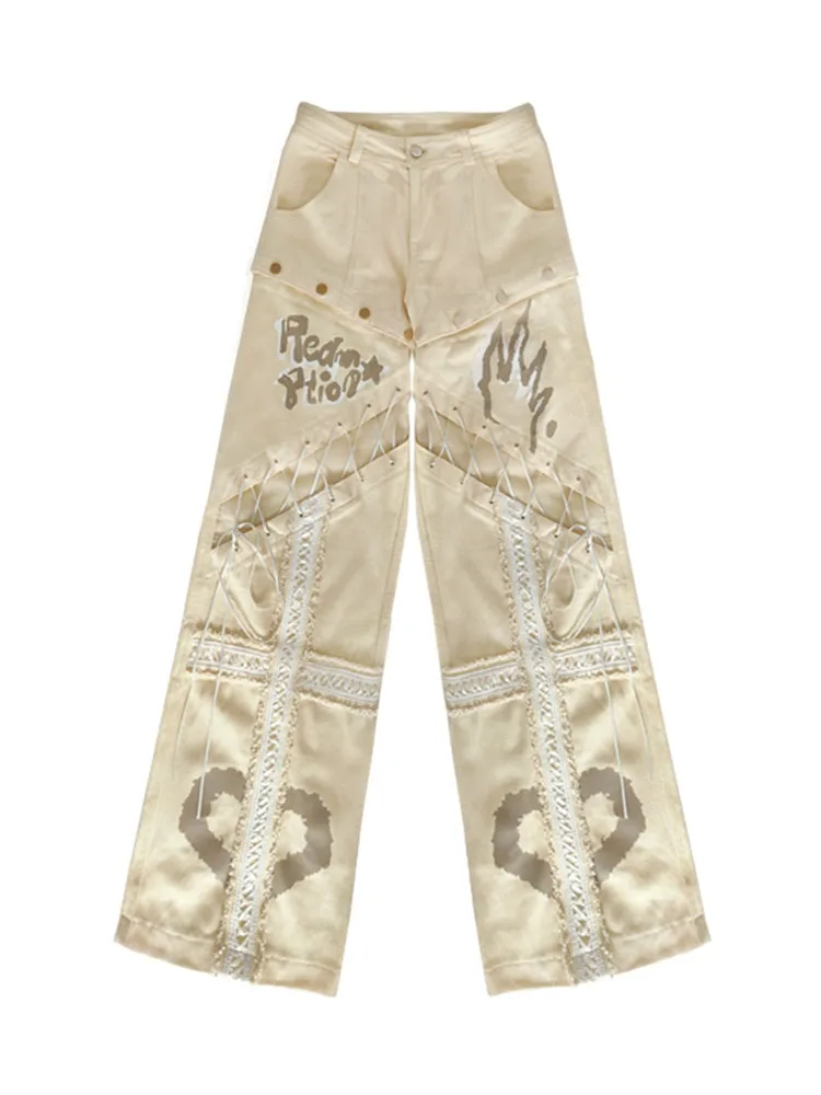 Temperament Light Beige Hollow Lace-up Removable Versatile Jeans Summer Personalized Girl Loose Leisure Street Straight Trousers