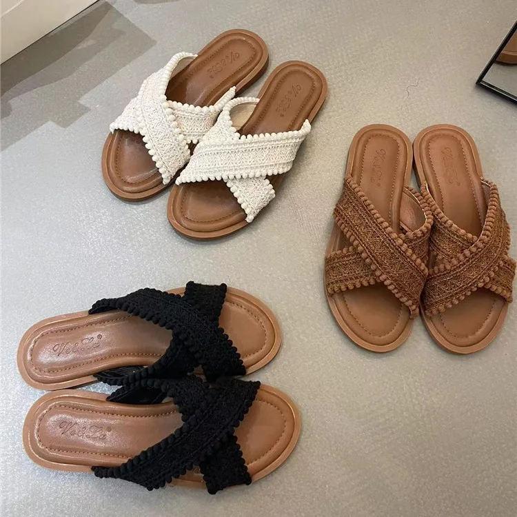 Sandalias con espalda descubierta de encaje de ganchillo para mujer, zapatos planos informales con correa cruzada, moda nacional, verano, 2024