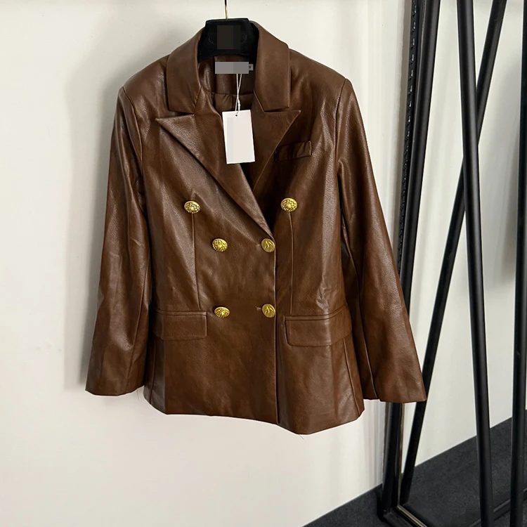 Elegante Giacca in Pelle PU Slim Fit Autunno/Inverno, Manica Lunga, Doppiopetto con Bottoni Dorati