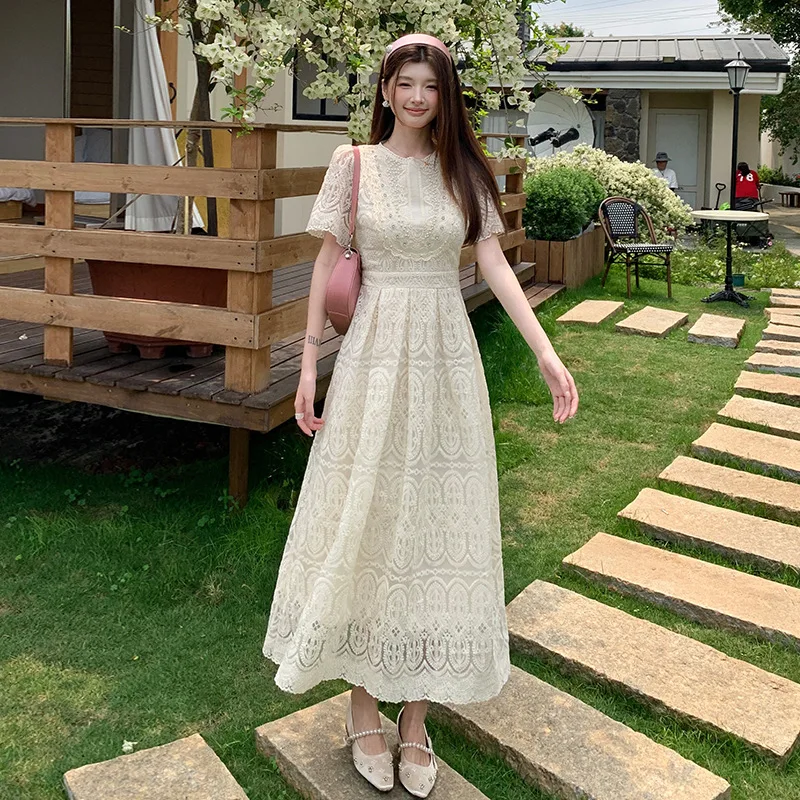 

Midi Dress with Heavy Lace, Elegant White Dresses for Women, Fashionable Spring Summer Overall Jumpsuit Playsuit