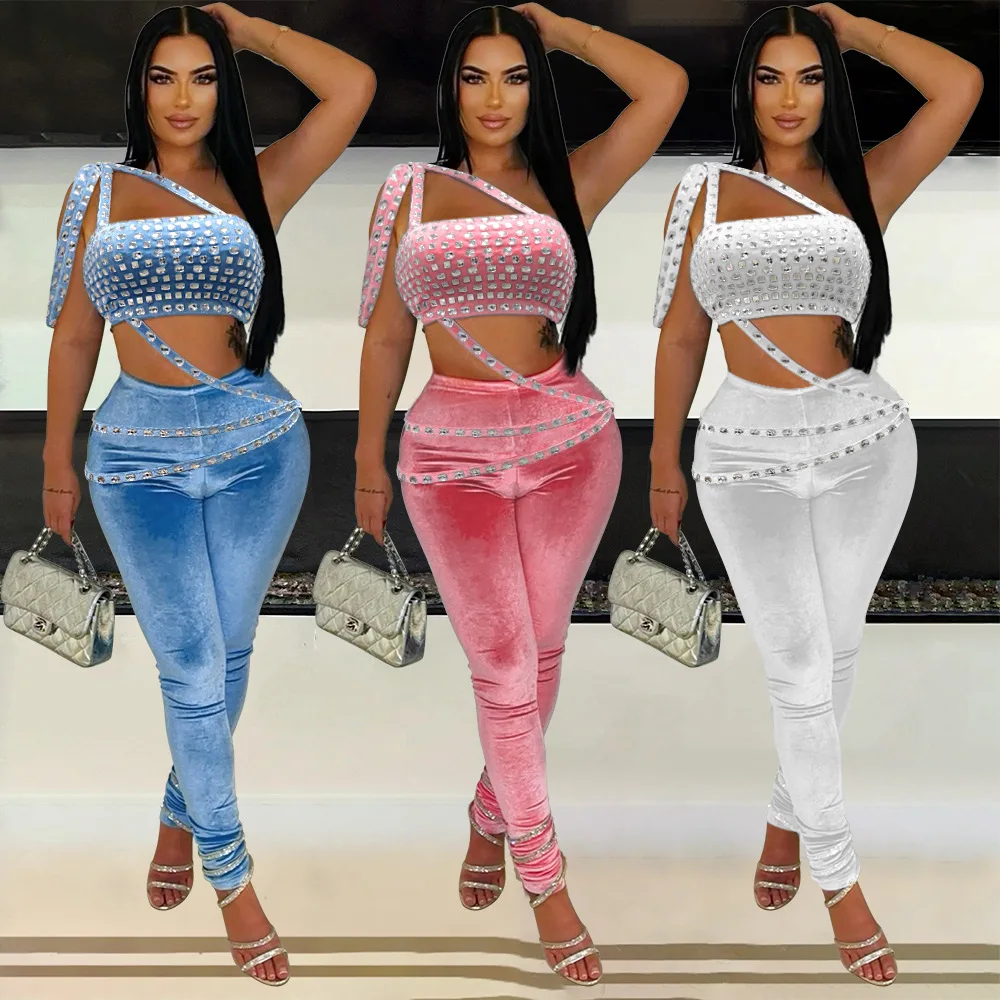 

Rhinestone Velvet 2 Piece Pant Set Outfits 2024 Women Fall Luxury Clothing Bodycon Elegant Sexy Crop Tops Two Piece Pant Sets