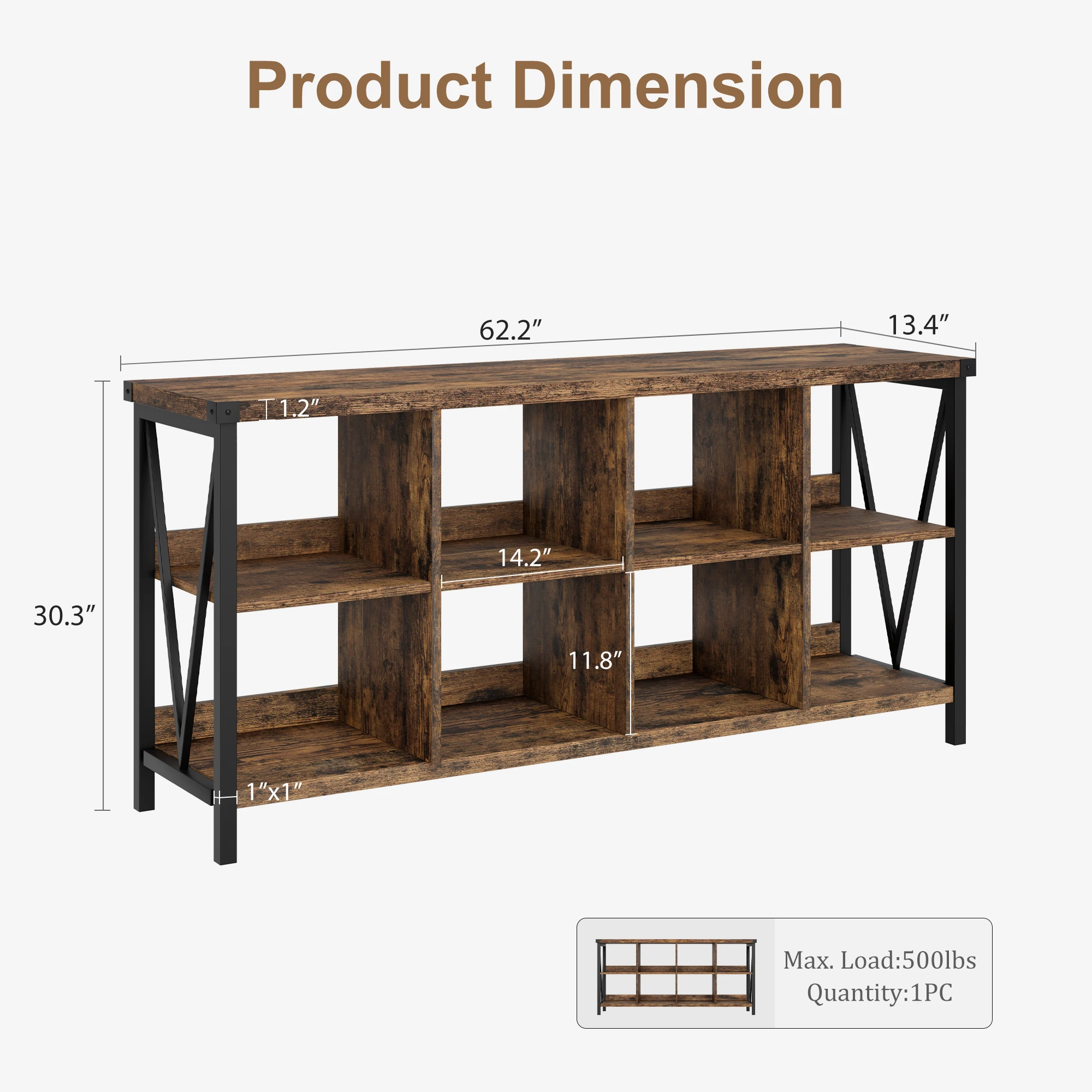 62 Inch Industrial 3 Tier Bookcase Sofa Table, Rustic Retro Brown Wood & Metal Sturdy Open Storage Bookshelves, Wide Horizontal Console for Entryway Living Room Foyer