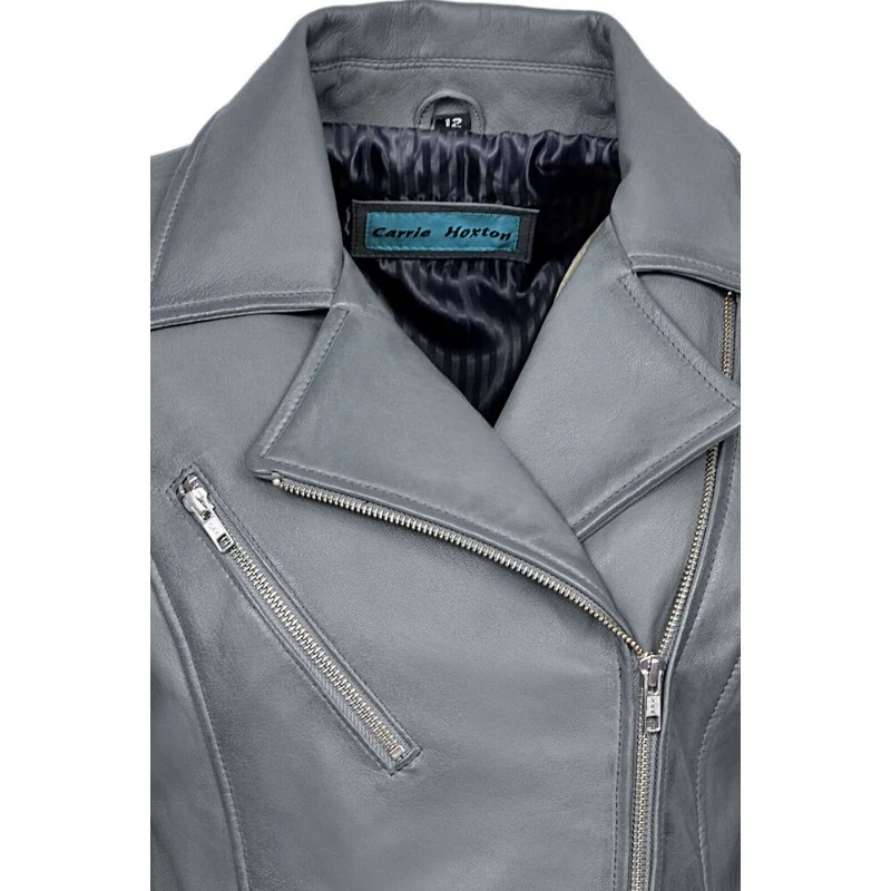 Chaqueta de piel de oveja 100% auténtica ajustada gris suave para mujer abrigo de motocicleta