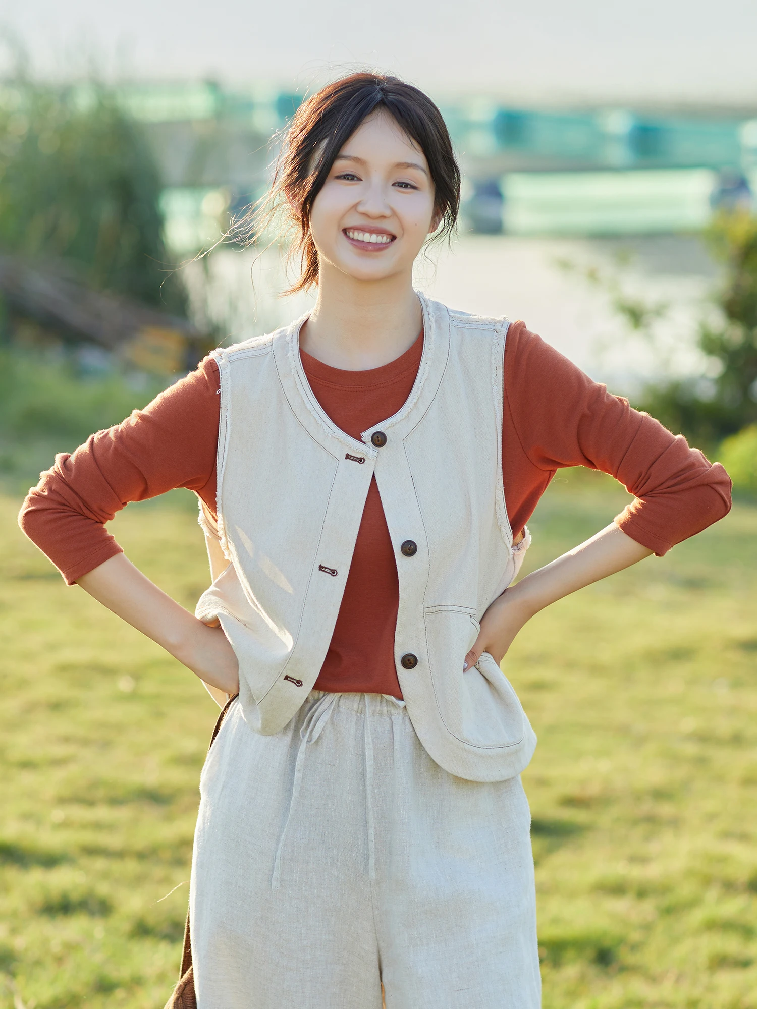 

Retro Cotton Vest Outerwear with Frayed s Slimming Versatile Pure Cotton Vintage Sle Commute Faion Ba to School