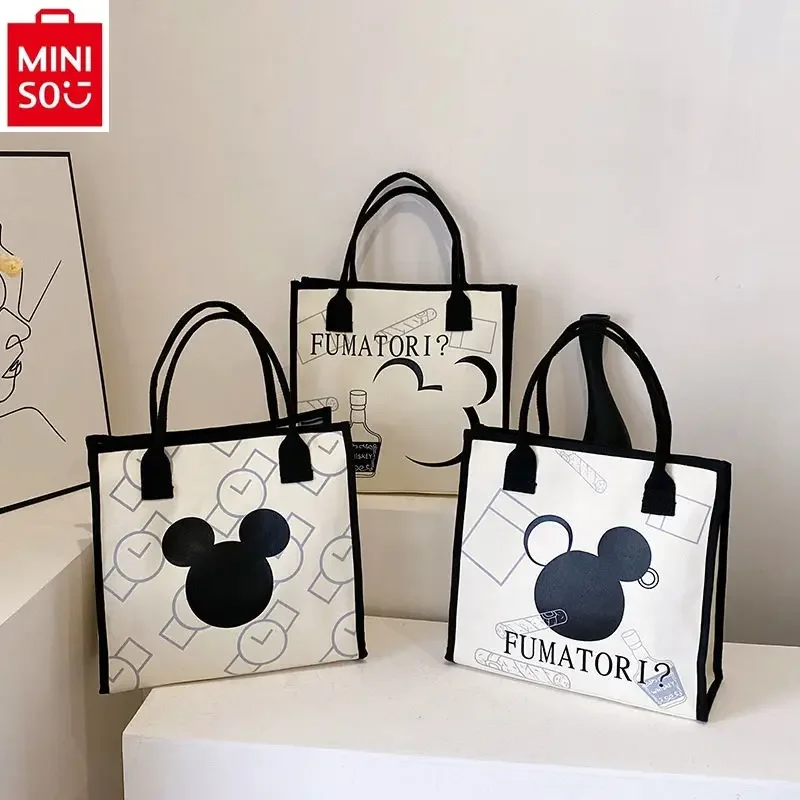 

MINISO Disney Fashion Zipper Buckle Embossed Handbag for Women High Quality and Large Capacity Mickey Cute Print Tote Bag