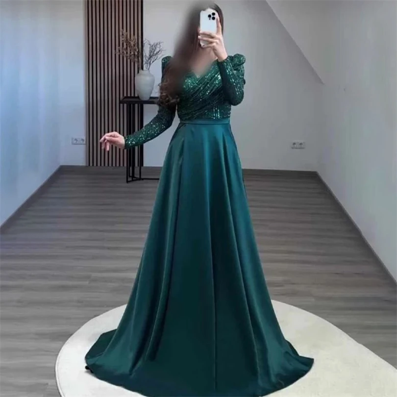 

Muslim Glitter Formal Evening Dresses Sequins Long Sleeves A-Line V-Neck Prom Dress Bridesmaid For Wedding Shiny Party Gowns