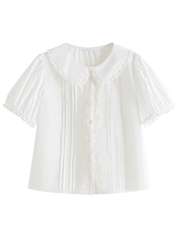 FSLE Lace Patchwork Design Women Peter Pan Collar Short Puff Sleeve Blouse Sweet Summer White Loose Shirts 24FS12491