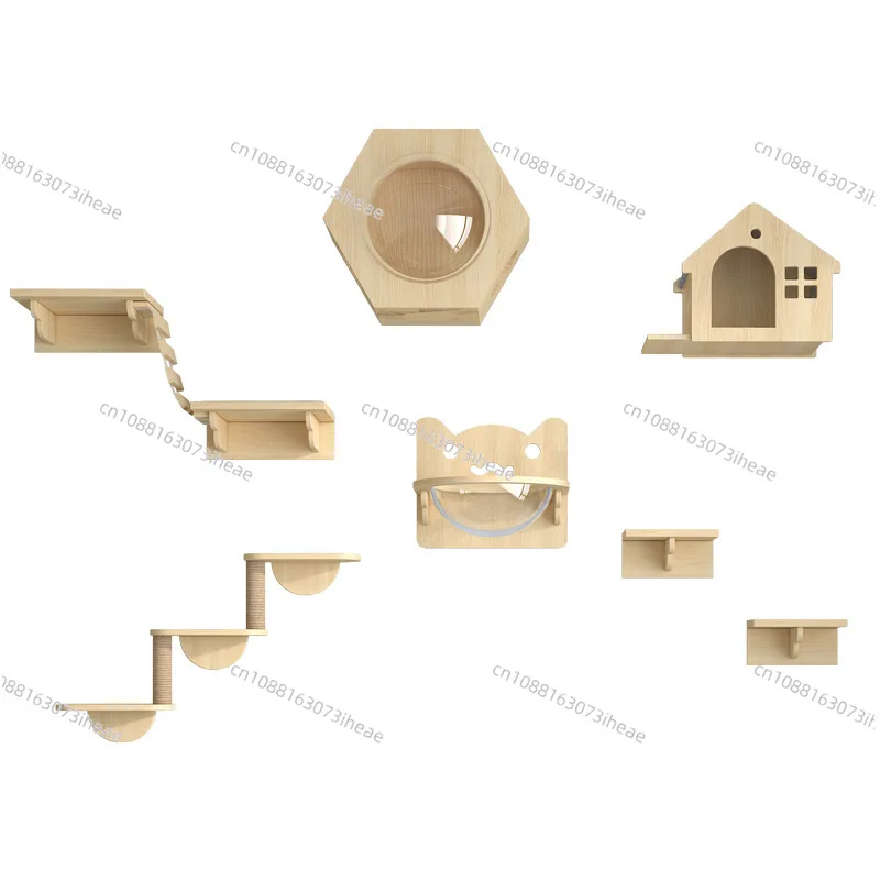 Natural Wood Wall-Mounted Cat Activity Center: Multi-Level Wall Perch with Scratching Posts, Jump Platform & Cozy Lounging Nook