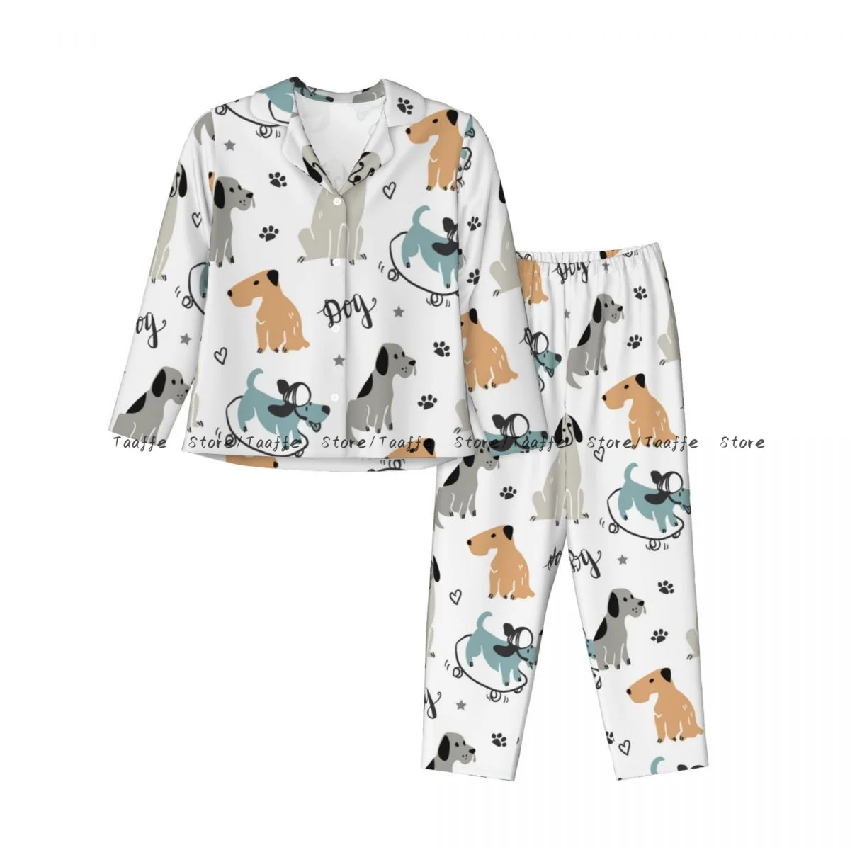 Spring and Autumn Pajama Set Women's Long Sleeve Pants Two Piece Hand Drawn Dogs Pattern Home Furnishing Set