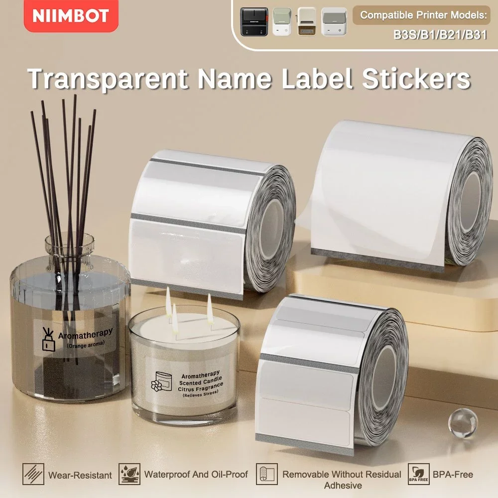 NIIMBOT B21/B1/B3s Przezroczysty papier do drukowania etykiet Naklejka z nazwą Wodoodporny okrągły/kwadratowy papier termiczny do etykiet