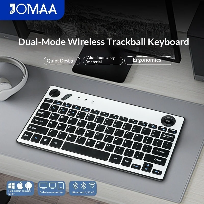 JOMAA Wireless Trackball Keyboard Dual Mode 2.4G Bluetooth Silent Aluminum Alloy Ergonomic Multimedia Scroll Wheel For Office