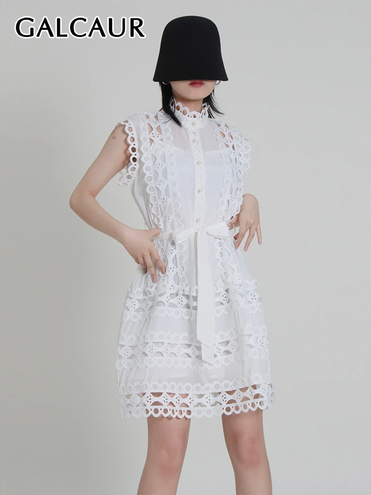 

GALCAUR Hollow Out Mini Dresses For Women Stand Collar Sleeveless High Waist Tunic Single Breasted Elegant Dress Female Summer