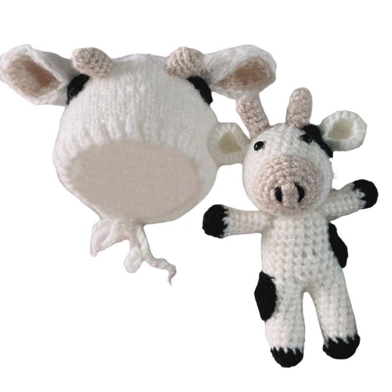 Photography Clothing Newborn Hat for Doll Crochet Knit Milk Cow Earmuffs