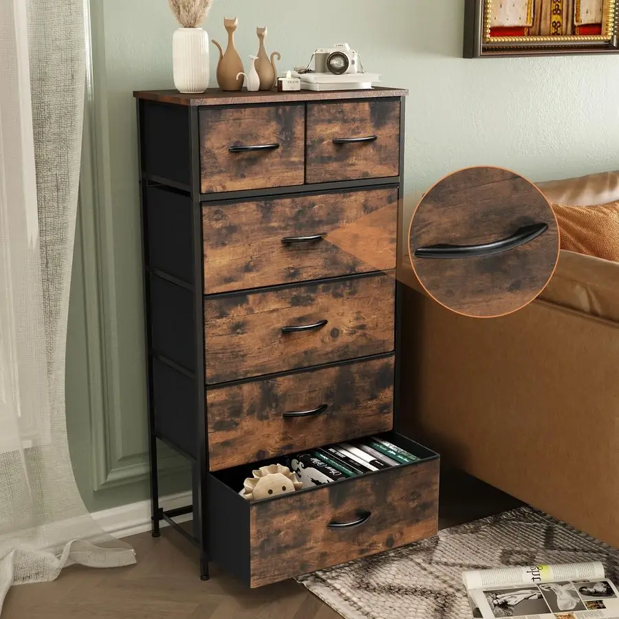 Cômoda de tecido para quarto, cômoda alta e magra com 6 gavetas, torre organizadora de armazenamento, estrutura de aço, tampo de madeira para armário, liv