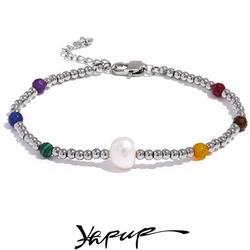 Yhpup Stainless Steel Beads Stylish Handmade Bracelet Bangle for Women Multicolor Mix Natural Stone Fashion Jewelry Wholesale