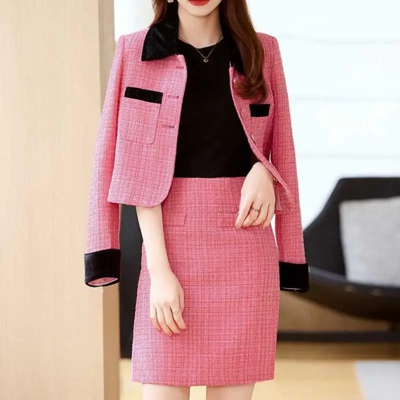 

New Contrast Color Splicing Ladies Single Button Turn-down Collar Opening Cross-border Casual Sports Suit Seven Sve orts