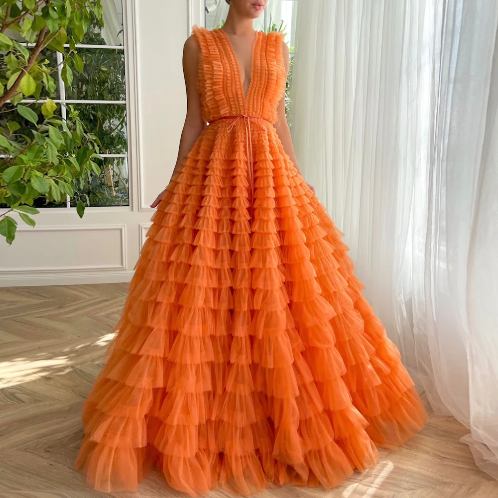 ROSELLA Orange Deep V Neck Garden Evening Dresses 2023 Tiered Ruffle A Line Special Event Dress Bow Belt Korea Women Prom Gown