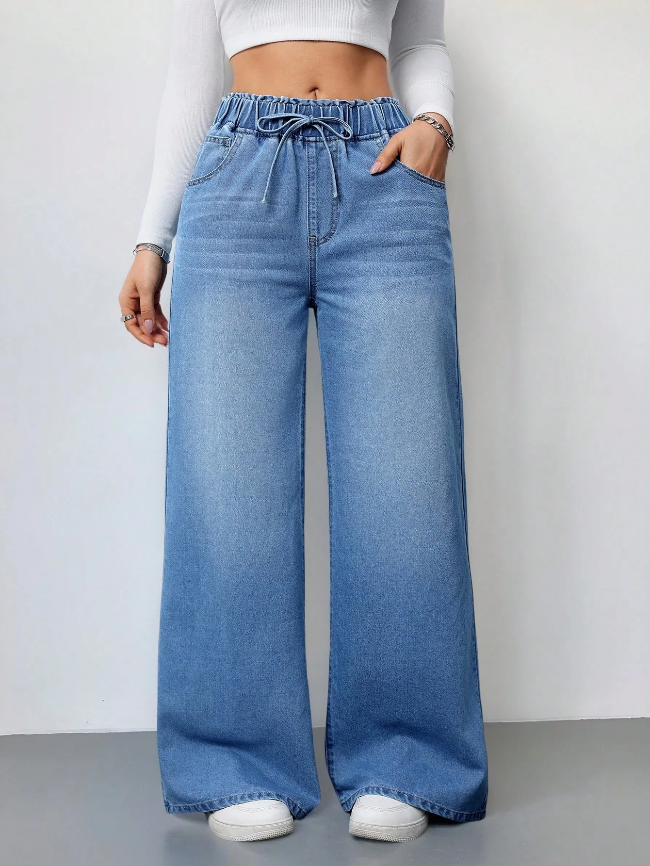 

Women's Light Blue High Waist Wide Leg Jeans Drawstring Elastic Waist Casual Denim Pants Daily Outfit For Dating & Hangout