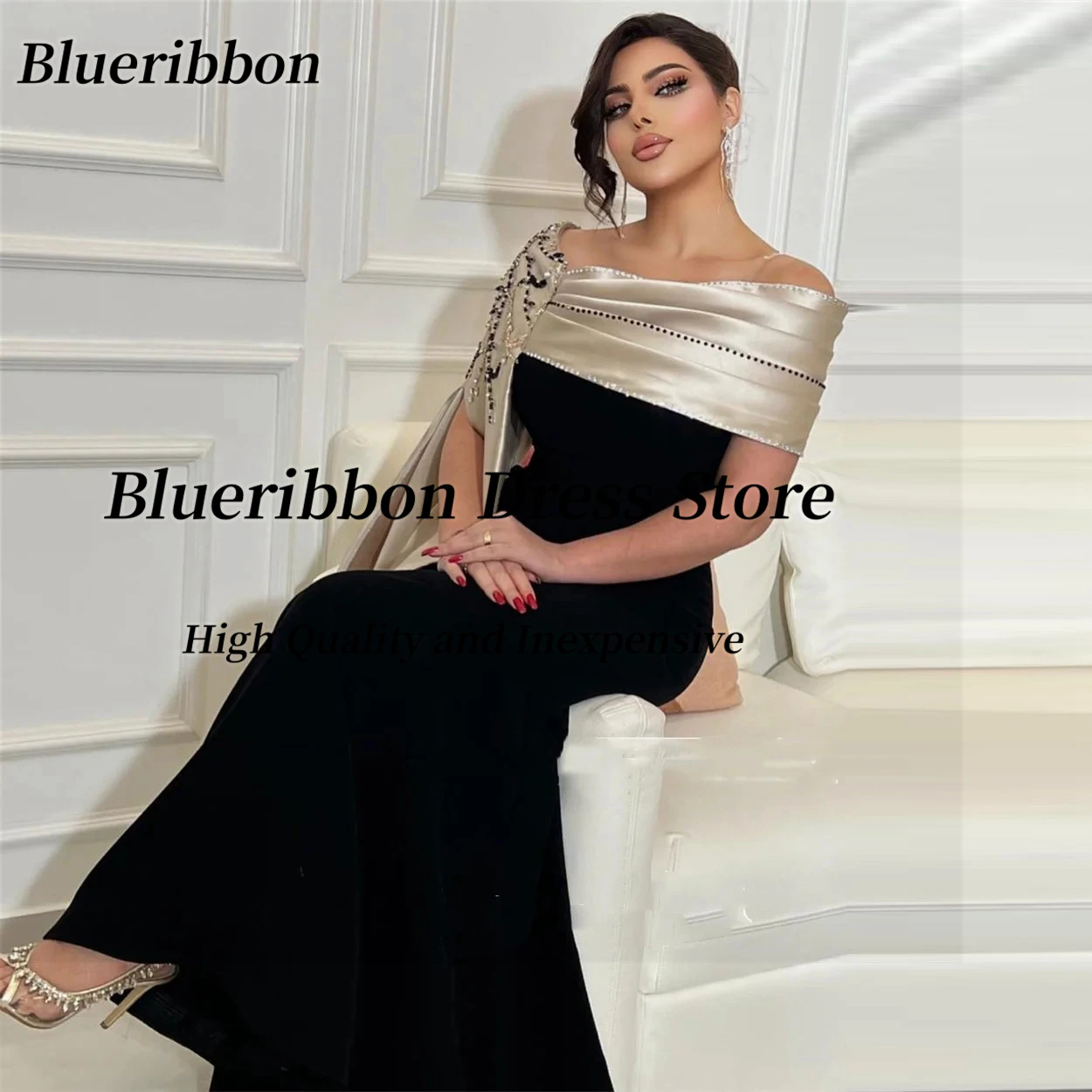 Blueribbon Black Prom Dresses Contrast Color Beading Ruched Neckline Evening Gowns Customized Party Saudi Arabia Women Vestidos