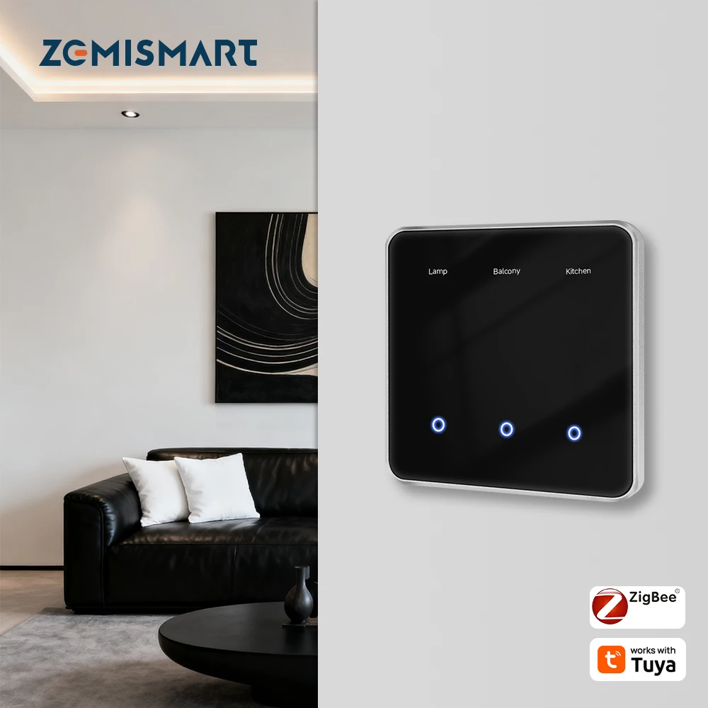 

Zemismart Zigbee EU Черная панель Сенсорный переключатель DIY Функция имени Умный выключатель света Необходимая нейтраль Работа с приложением Tuya Smart Life