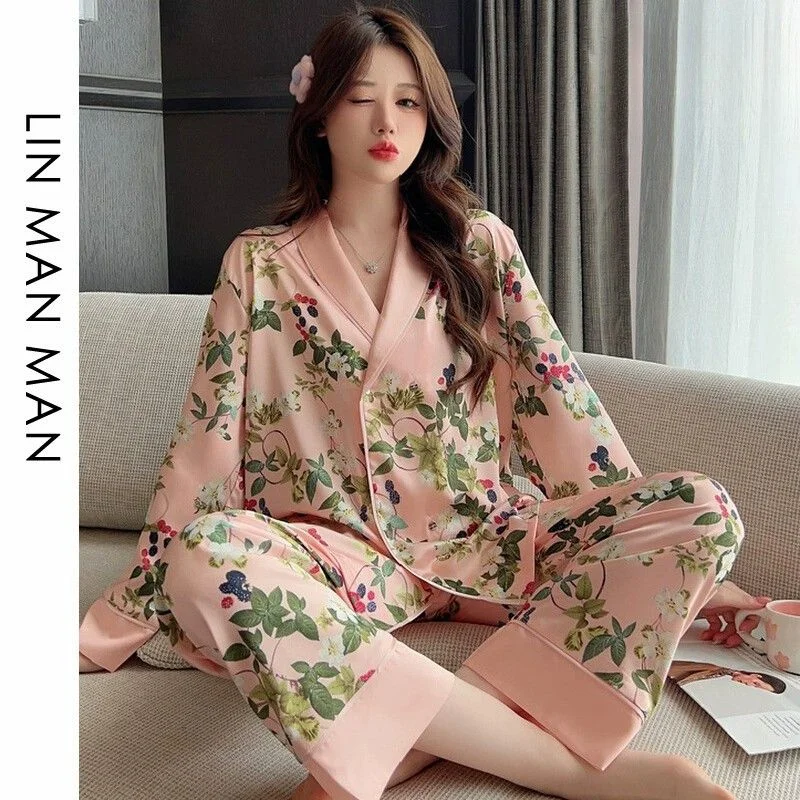 New Ice Silk Pajamas Women Soft Sleepwear Flowers Spring Autumn Homedress Long Sleeves Nightgown Loose Casual Explosive Homewear