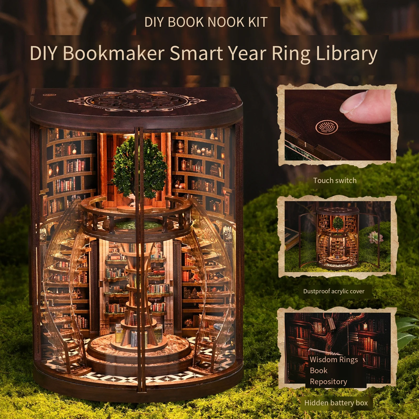 Nowość: Zestaw DIY Wisdom Ring Book Nook - Drewniany model biblioteki 3D, ręcznie robiona scena z podpórką na książki i kreatywna zabawka konstrukcyjna