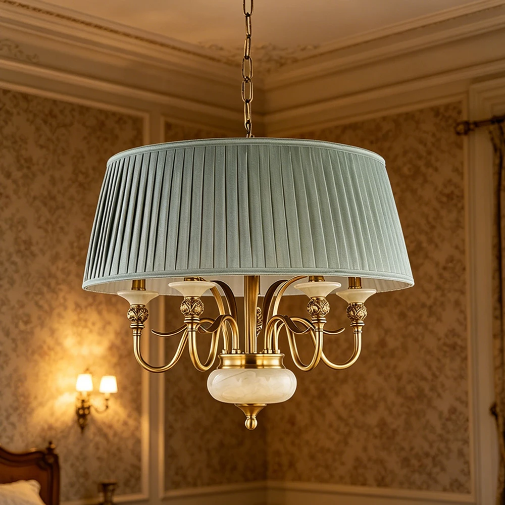 Vintage 5‑Light Brass Chandelier with Jade Accent & Pleated Fabric Shade Luxury Ceiling Lamp for Living Room Dining Room Decor